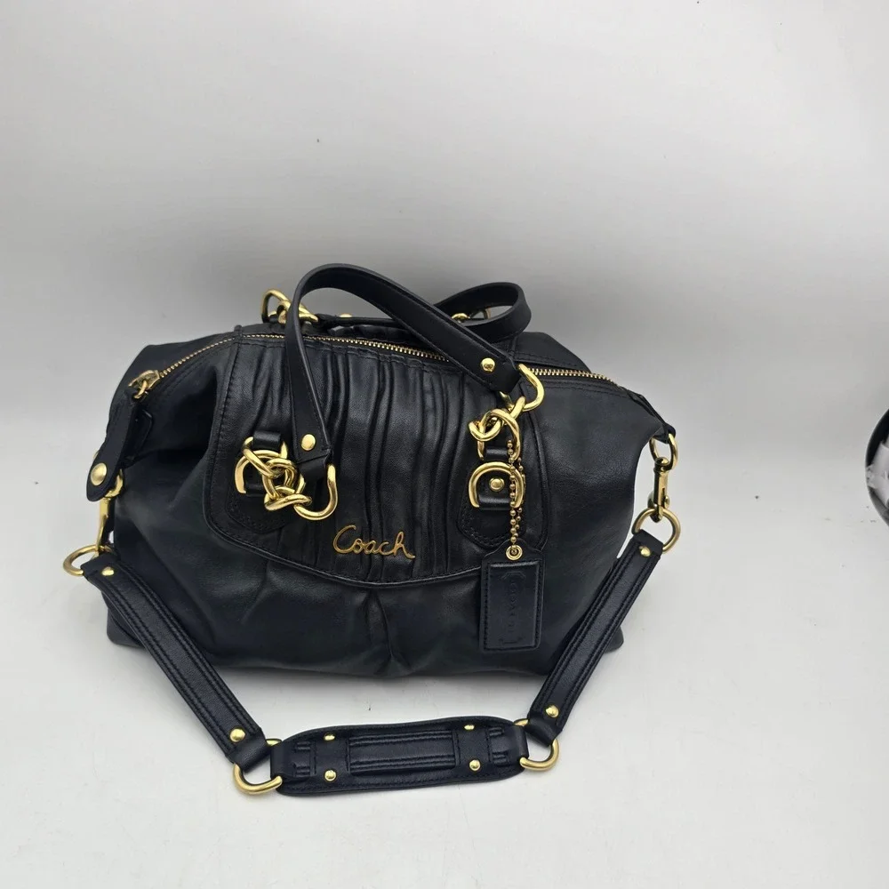 Coach Madison Sophia Black Gathered Leather Satchel Crossbody Bag F17647 Gold